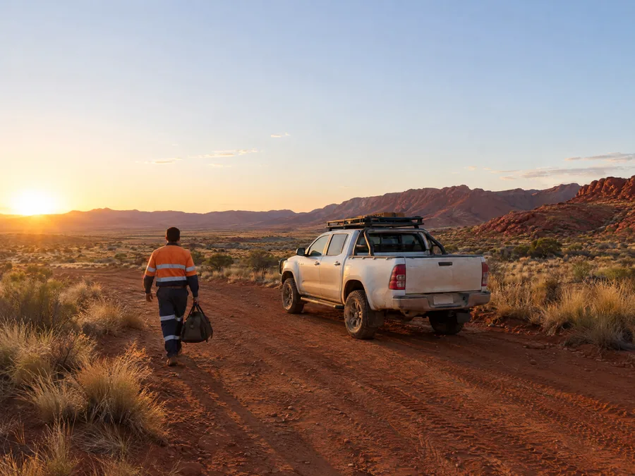 FIFO worker in hi-vis walking to a dual-cab ute on a red dirt road in the Pilbara at dawn